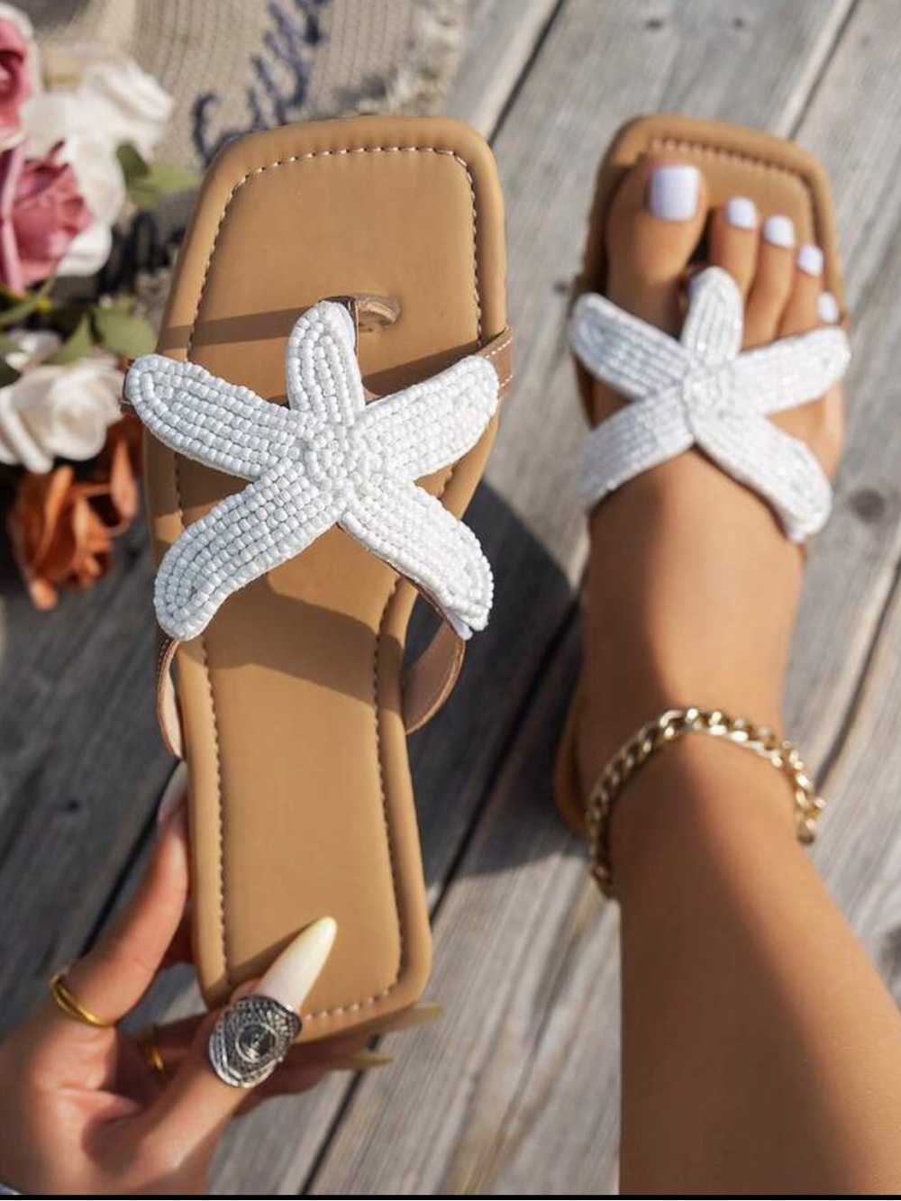 White Beaded Star Design Flat Sandals, Ladies Summer